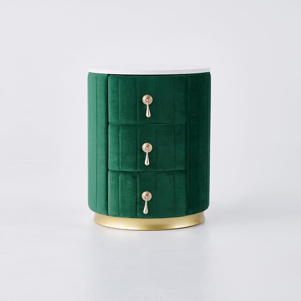 Modern Velvet Nightstand with Storage Sintered Stone Top Round Nightstand with 3 Drawers Green