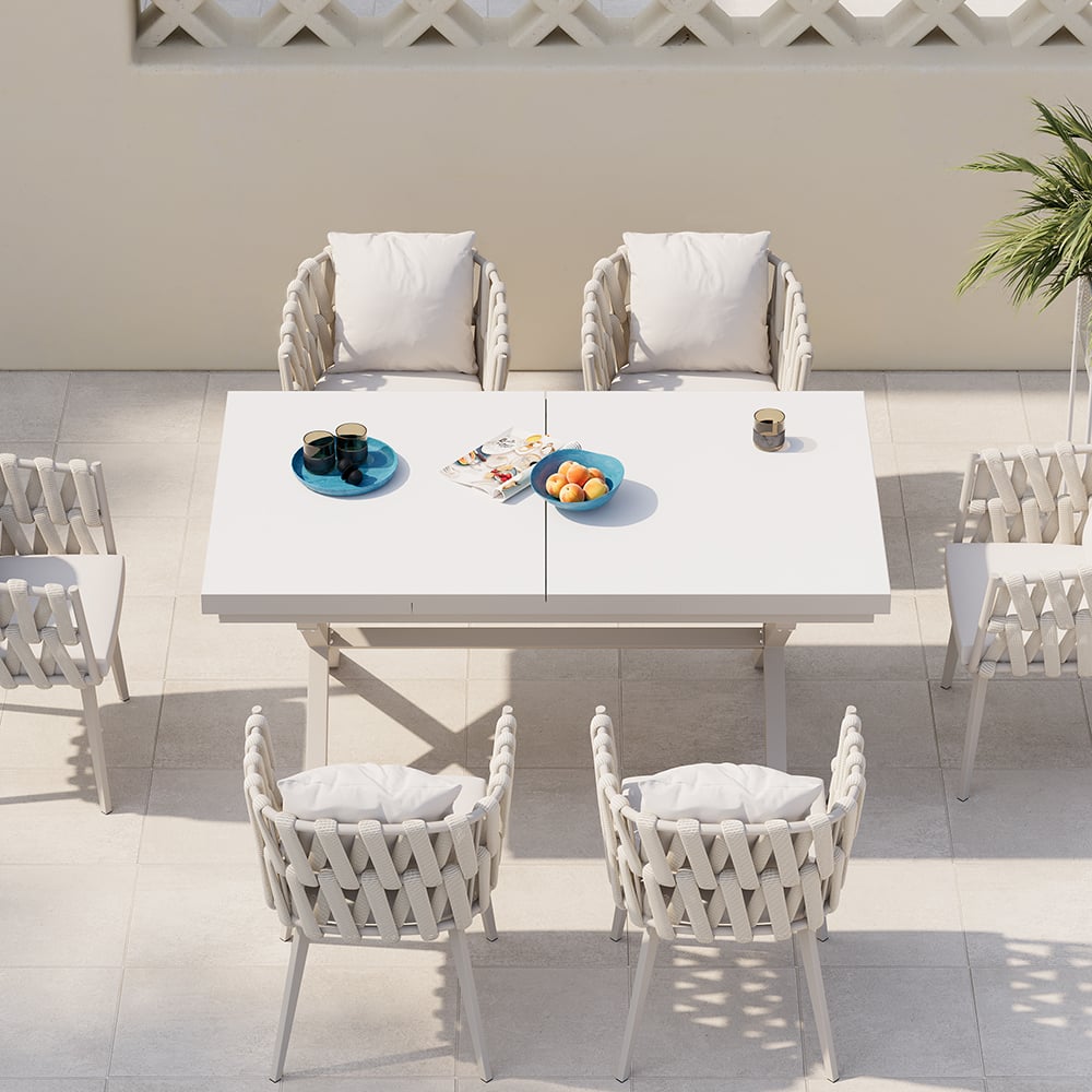 7 Pieces Aluminum Outdoor Dining Set with Extendable Marble Top Table and Woven Armchair White