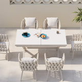 7 Pieces Aluminum Outdoor Dining Set with Extendable Marble Top Table and Woven Armchair White