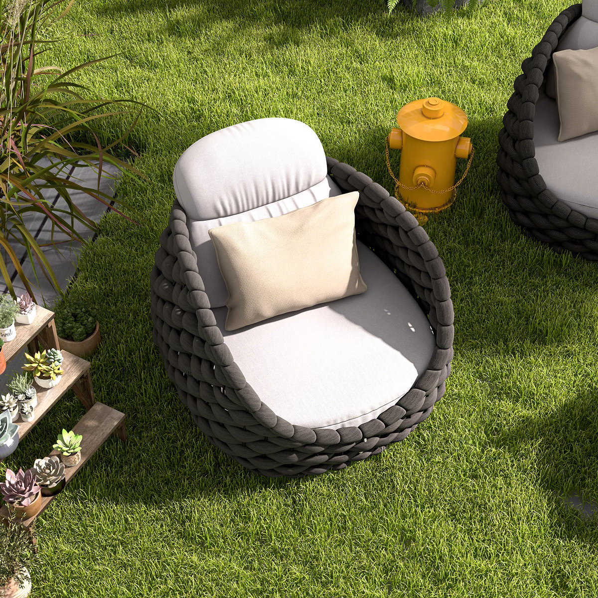 Tatta Modern Outdoor Swivel Chair 360 Degree Rotatable Gray Woven Rope Armchair Sofa Gray & Black