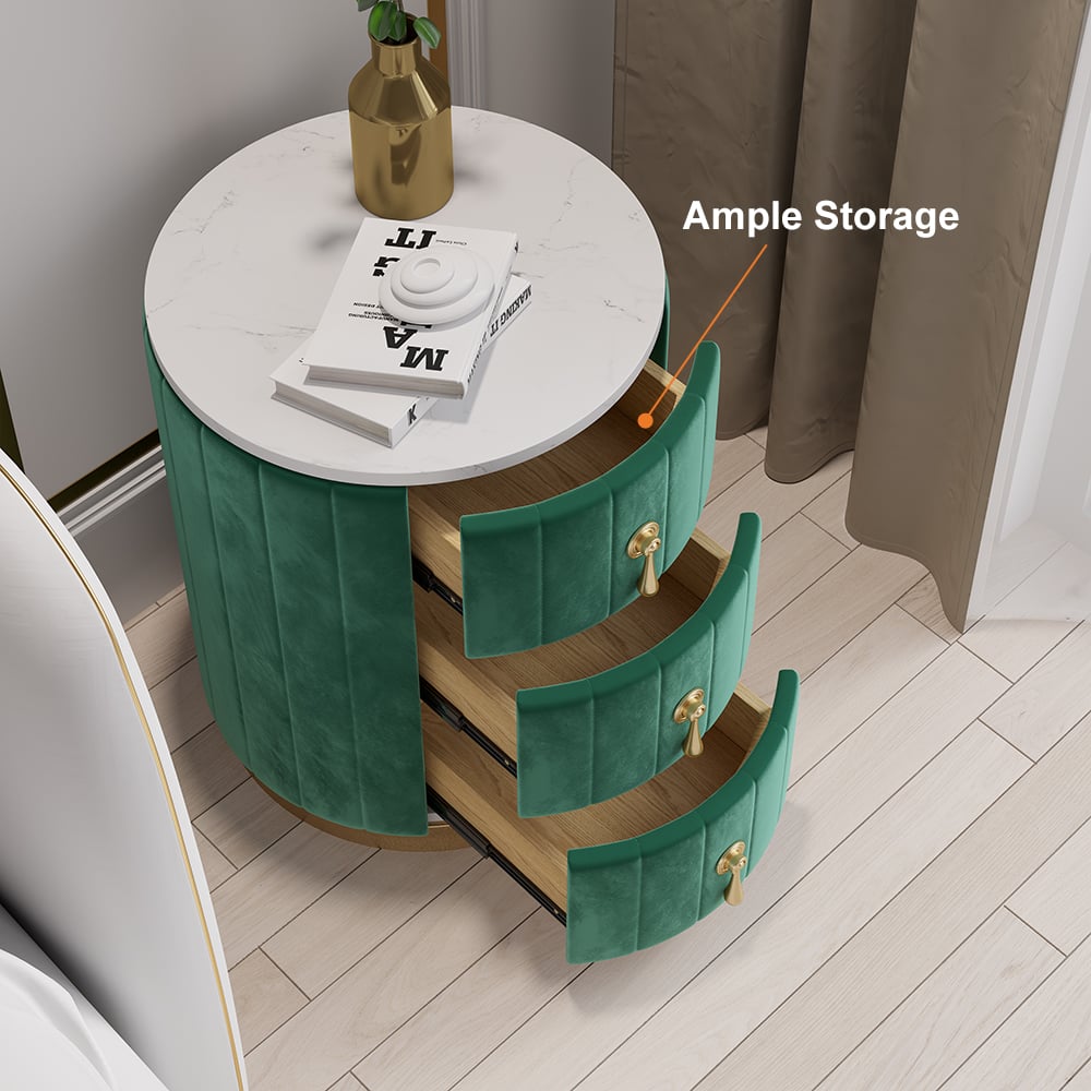 Modern Velvet Nightstand with Storage Sintered Stone Top Round Nightstand with 3 Drawers Green