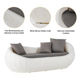 White Woven Rattan Round 75.2" Outdoor Sofa with Cushion & Pillow and Curved Back White