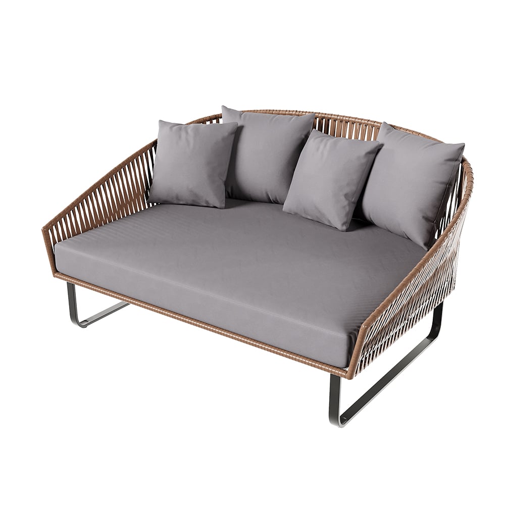 63" Rattan Outdoor Daybed with Gray Cushion Pillow Aluminum Frame Khaki