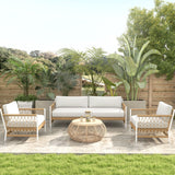 Ropipe Woven Rope Outdoor Sofa 3-Seater Sofa with White Polyester Pillow Cushion White;Khaki