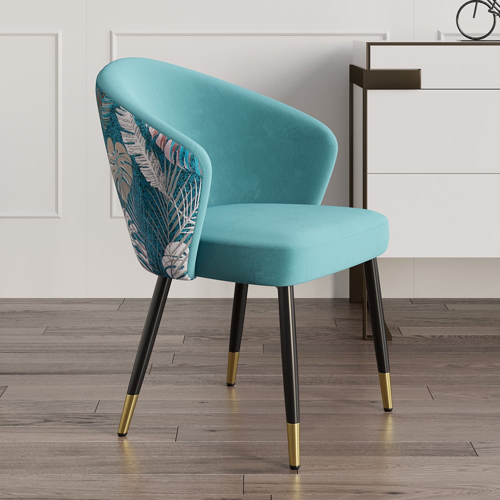 Upholstered Velvet Dining Chair Curved Back Modern Arm Chair Greenish Blue