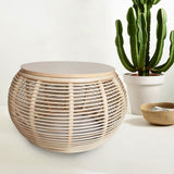 31.5" Boho Natural Round Patio Rattan Coffee Table with Wood-Top Beige