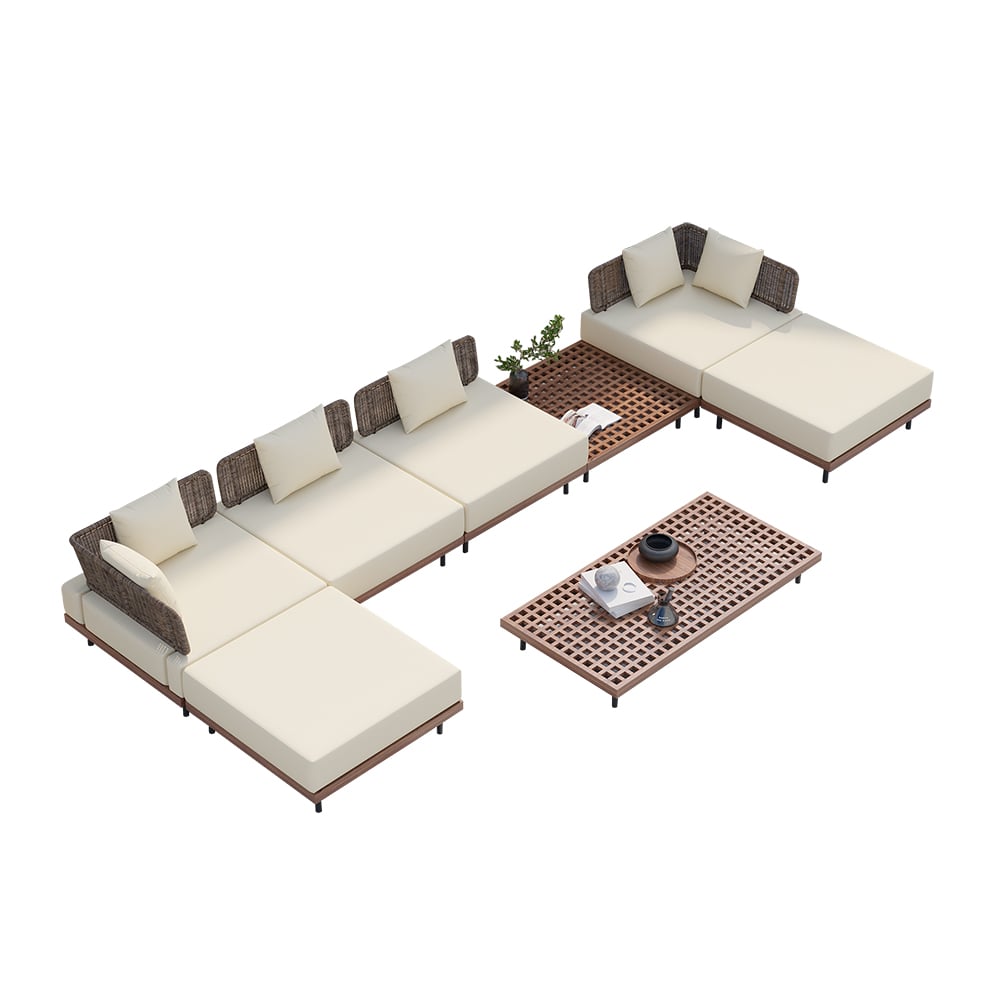 8Pcs Teak & Aluminum & Rattan Outdoor Sectional Sofa Set with Coffee Table and Cushion Complete Set
