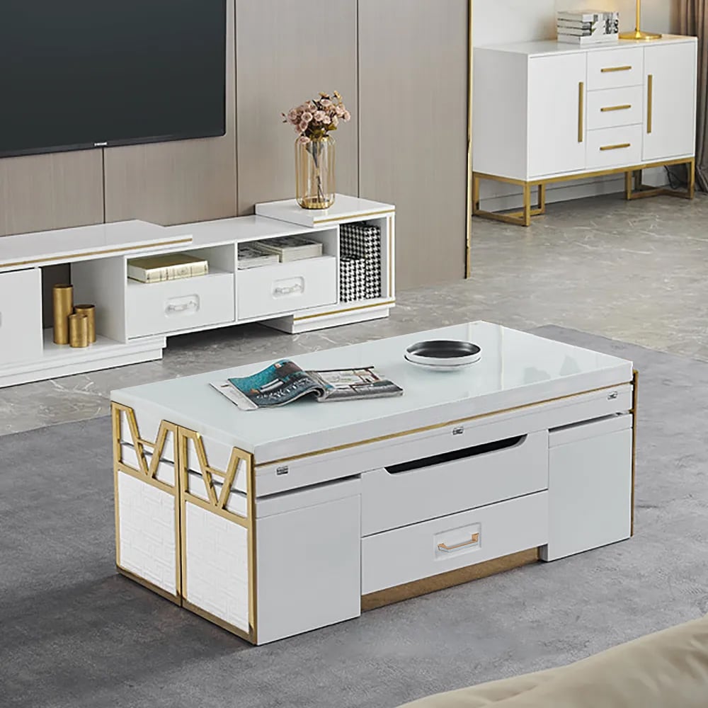 White Modern Lift Top Coffee Table Set with Storage & Stools Extendable Accent Table White