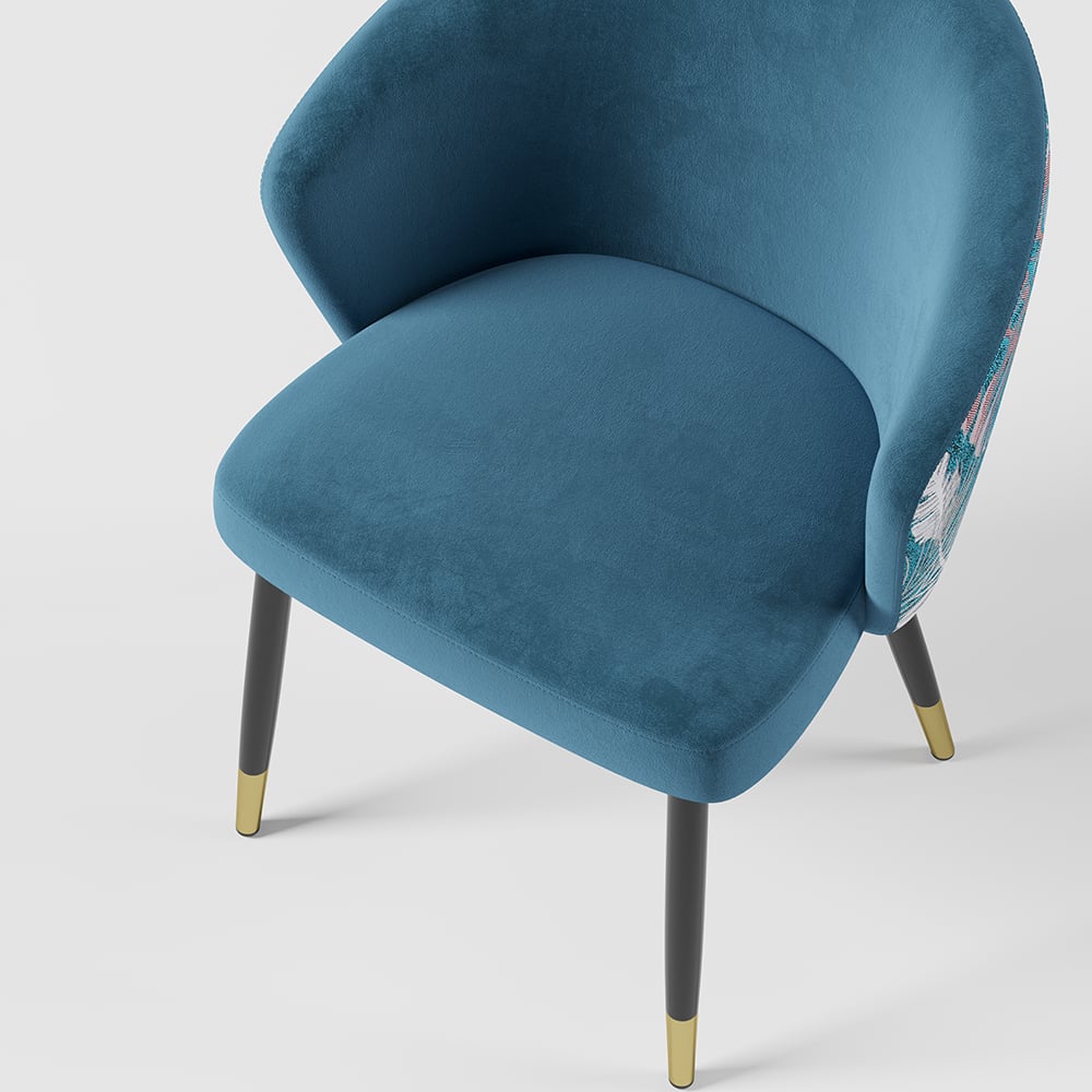 Upholstered Velvet Dining Chair Curved Back Modern Arm Chair Blue