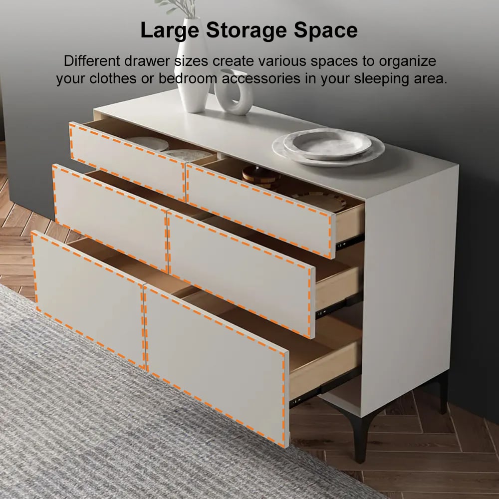 Minimalist Bedroom Dresser – 6 Drawer Horizontal Bedside Storage Off White