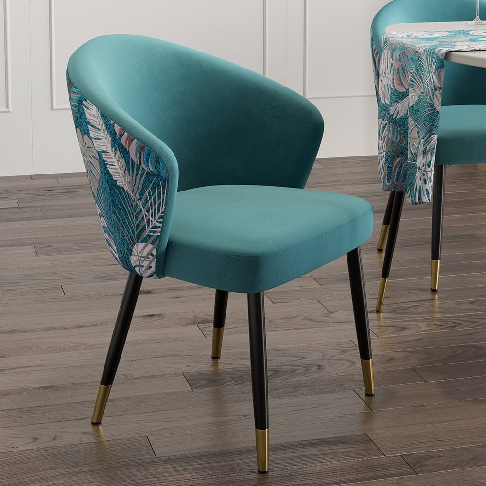 Upholstered Velvet Dining Chair Curved Back Modern Arm Chair Greenish Blue