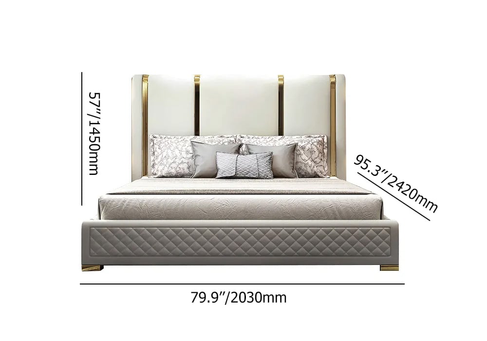 Faux Leather Upholstered Bed Sunken Metal and Wood Bed Frame Off-White