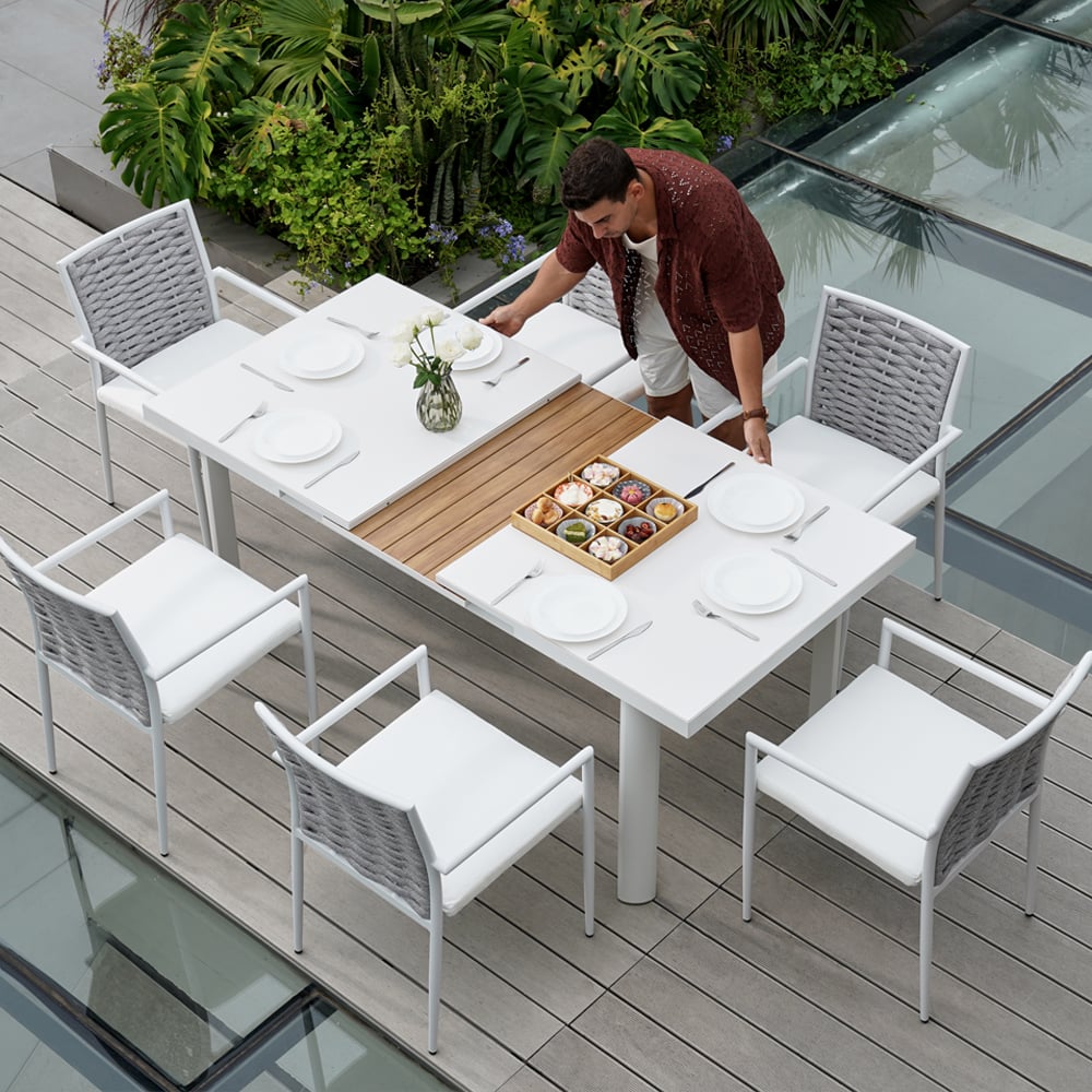 7 Pieces Outdoor Patio Dining Set Extendable Aluminum & Wood Table & Woven Rope Chairs White & Gray