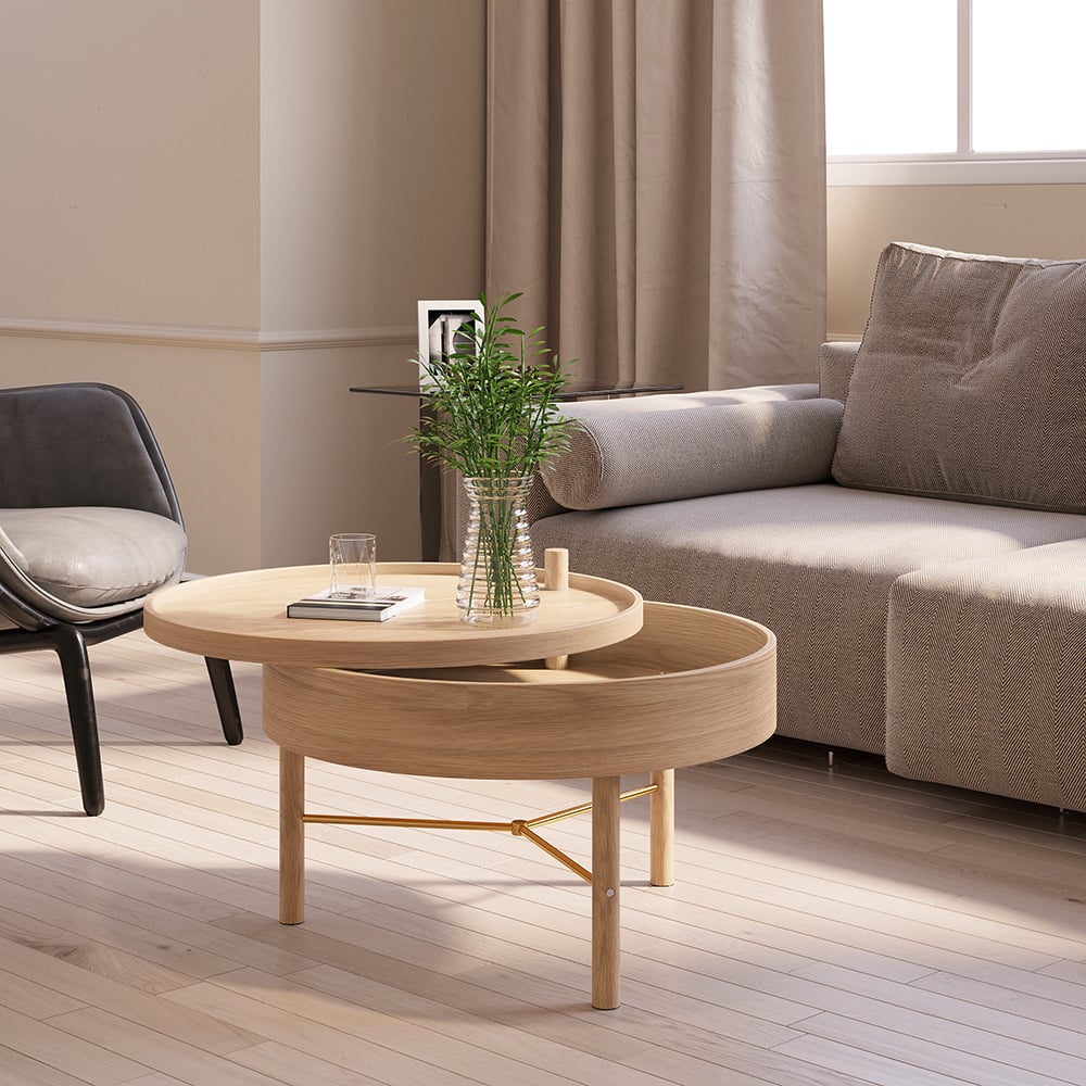 Modern Round Wood Rotating Tray Coffee Table with Storage & Metal Legs Natural