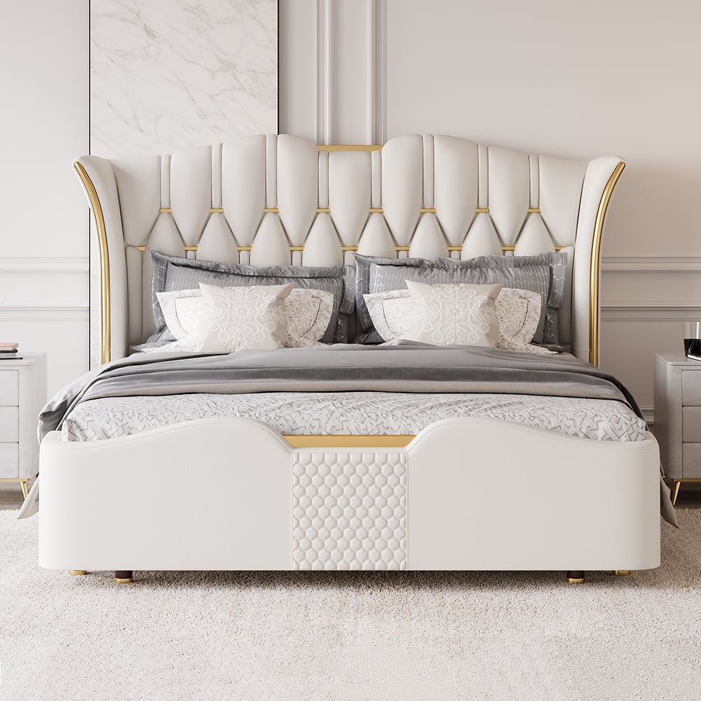 Modern Upholstered Tufted Bed with Wingback Headboard Off-White