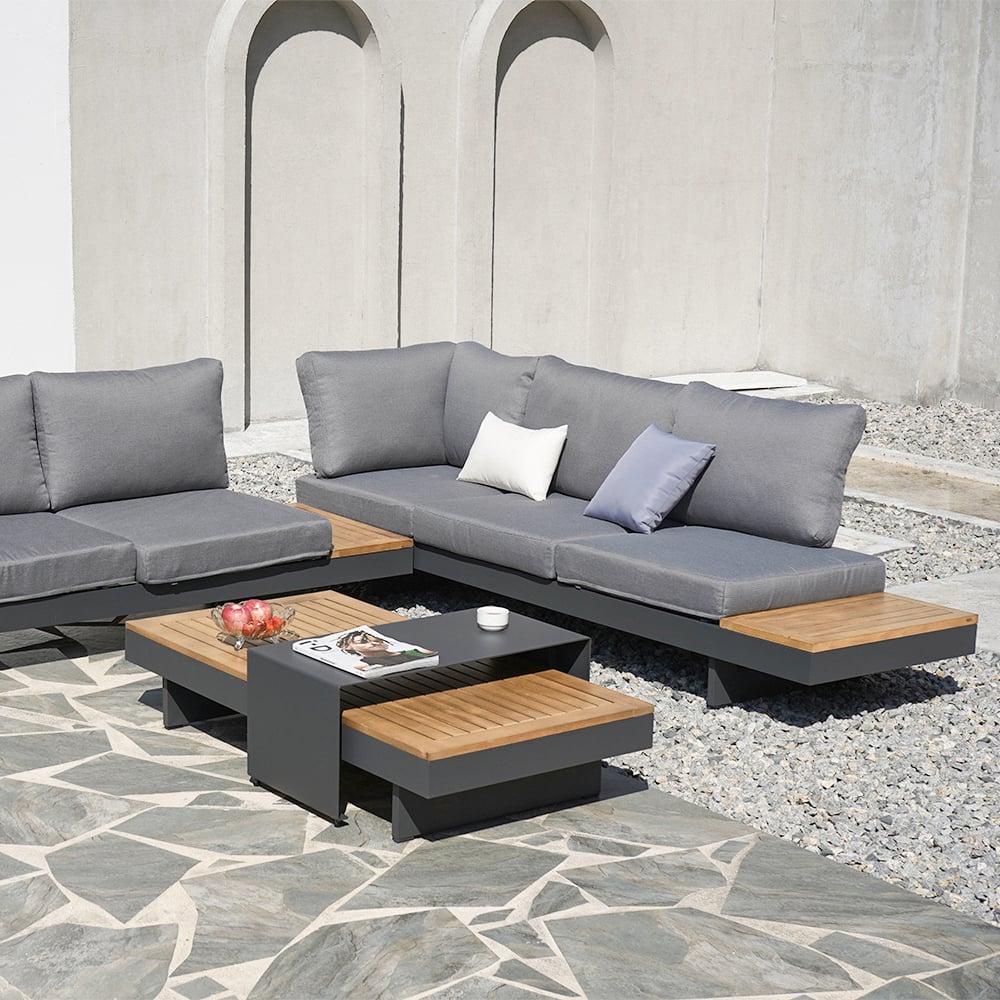 4 Pieces Modern L Shape Outdoor Sectional Sofa Set with Wood Coffee Table Gray