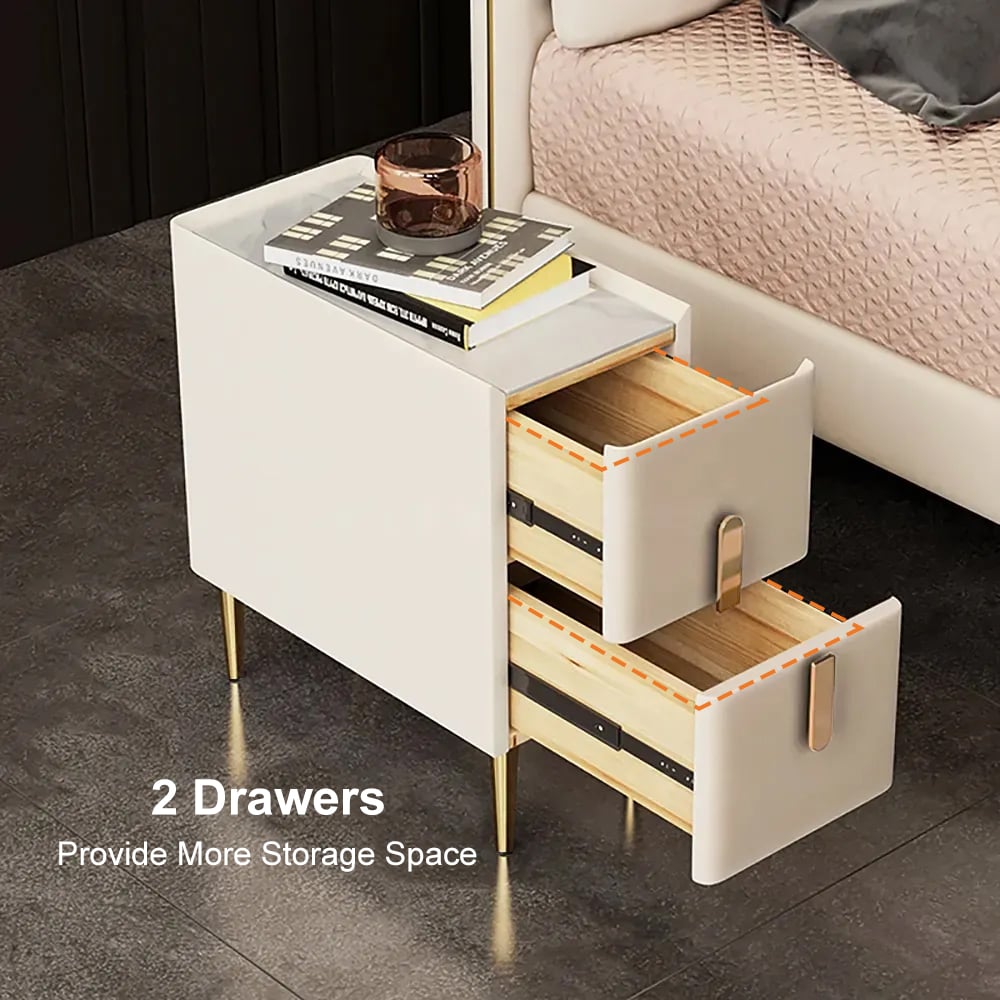 Inarrow Modern Shagreen Nightstand Bedside Table with 2 Drawers in Gold Legs Beige