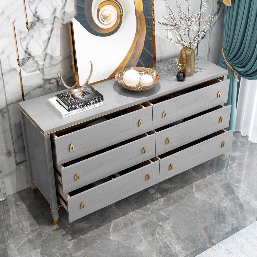 Solid Wood Dresser with Brass Accents – 6 Drawer Bedside Cabinet Gray