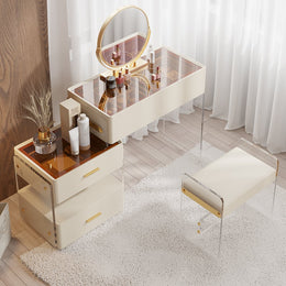 Modern Makeup Vanity with Tempered Glass Top and Stool Off-White