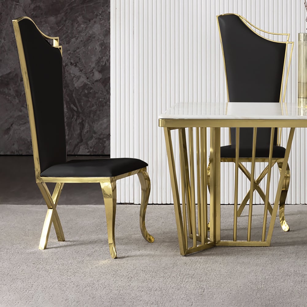 Modern Upholstered Dining Chairs Set of 2 High Back Side Chair Stainless Steel Legs Black & Gold