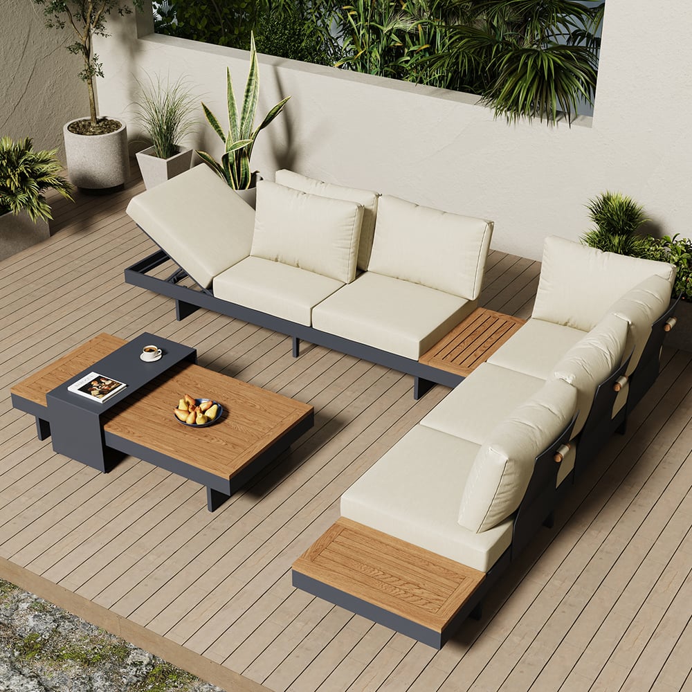 4 Pieces Modern L Shape Outdoor Sectional Sofa Set with Wood Coffee Table Beige