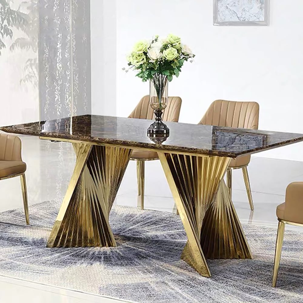 Espresso Modern Dining Table with Marble Top & Gold Stainless Steel Pedestal Rectangle 70.9"L x 35.4"W x 29.5"H