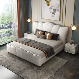 Milky Luxury White Microfiber Leather Platform Bed Frame with Curved Headboard, Cal King Milky White