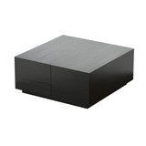 Japandi Square Coffee Table with 4 Drawers Storage & Wooden Pedestal Black