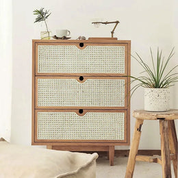 Carled Mid Century Modern Natural 3 Drawers Chest Rattan Woven 27.6"W x 15.7"D x 35.4"H