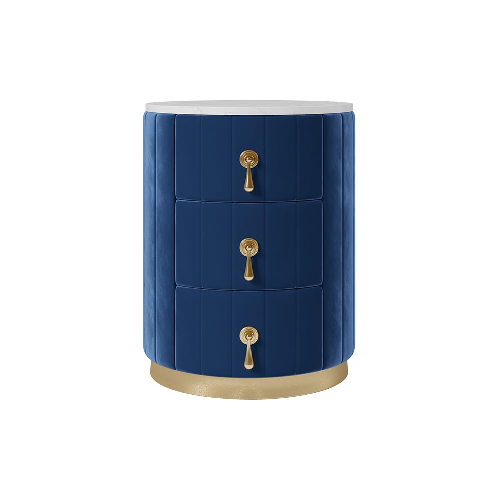 Modern Velvet Nightstand with Storage Sintered Stone Top Round Nightstand with 3 Drawers Blue