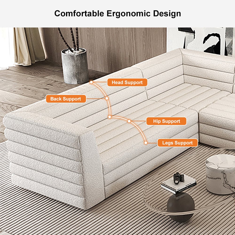 Modern L-Shaped Boucle Modular Sectional Sofa & 4-Seater Sofa White