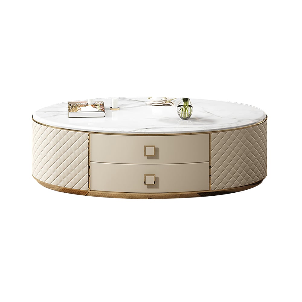 Orand White Oval Sintered Stone Top Coffee Table with 2 Drawers White