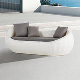 White Woven Rattan Round 75.2" Outdoor Sofa with Cushion & Pillow and Curved Back White