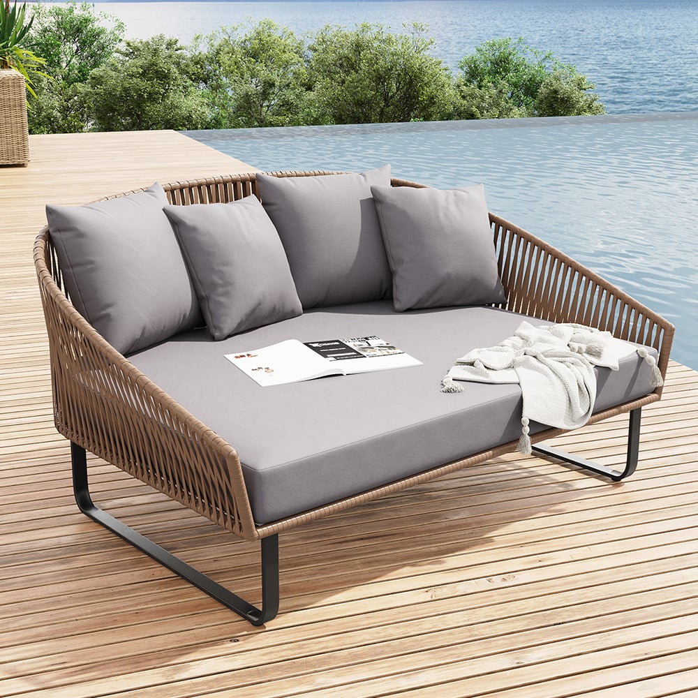 63" Rattan Outdoor Daybed with Gray Cushion Pillow Aluminum Frame Khaki