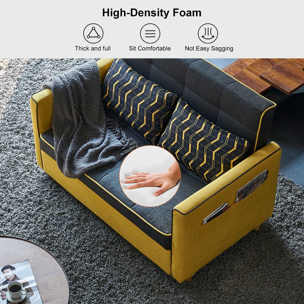 Modern 2 Seat Convertible Sofa Bed Full Sleeper Cotton & Linen Upholstery Yellow & Black