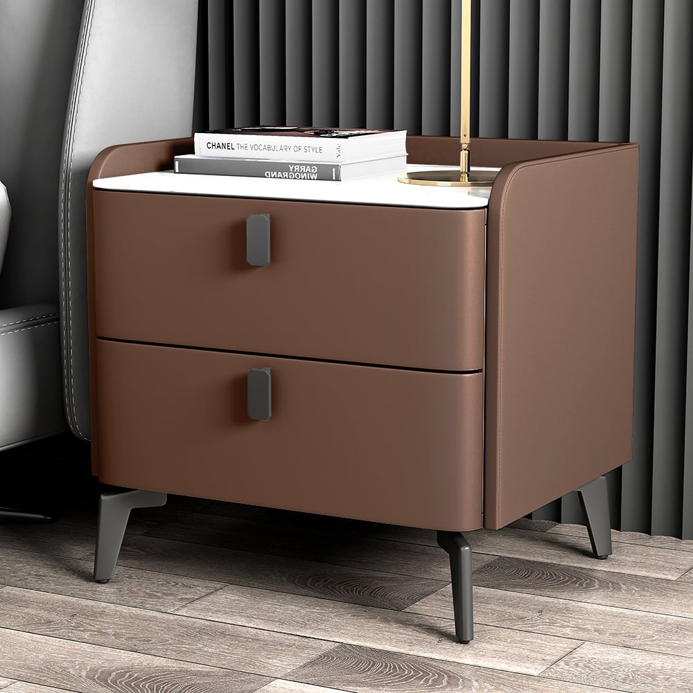 Modern Luxury 2 Drawers Bedroom Nightstand Sintered Stone Bedside Table Brown