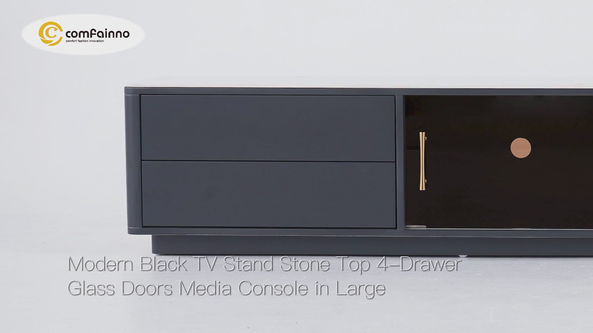 TV Stand Sintered Stone Top 4-Drawer Glass Doors Media Console in Small Dark Gray