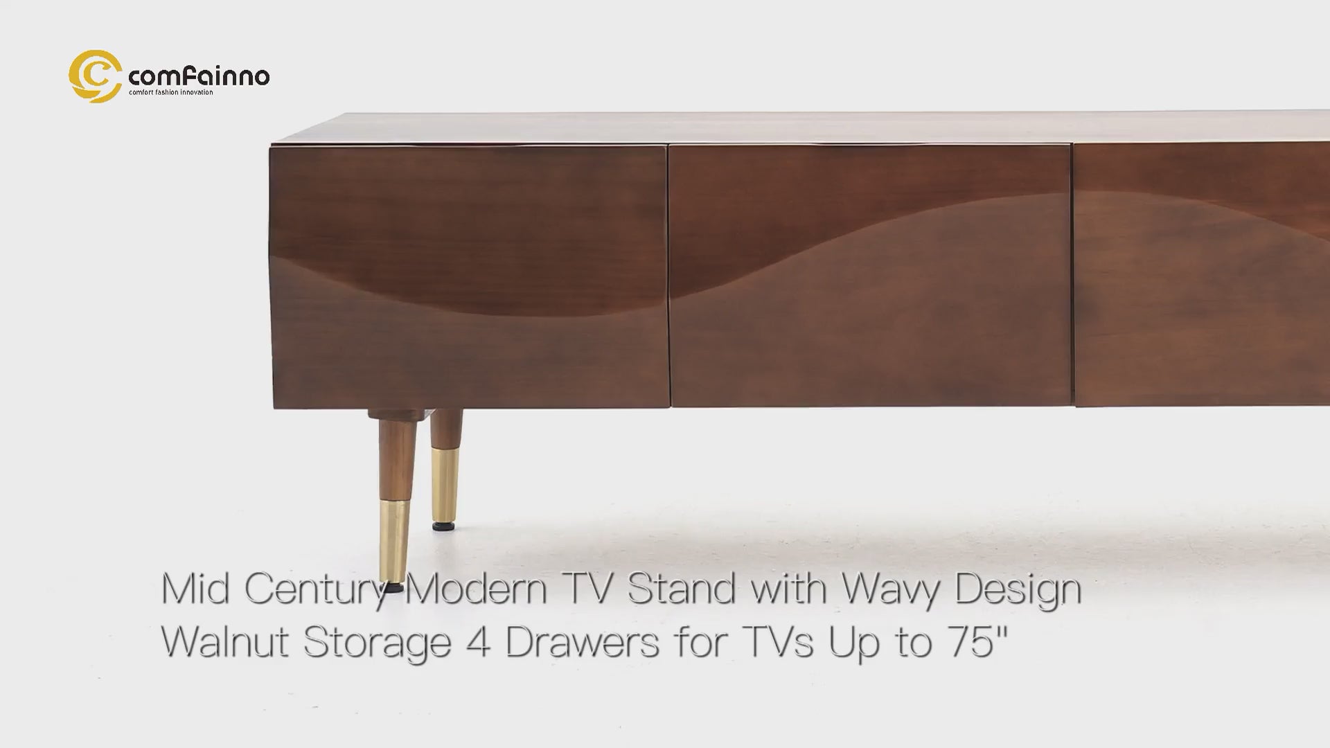 Lake Mid Century TV Stand with Wavy Design Walnut Storage 4 Drawers Walnut