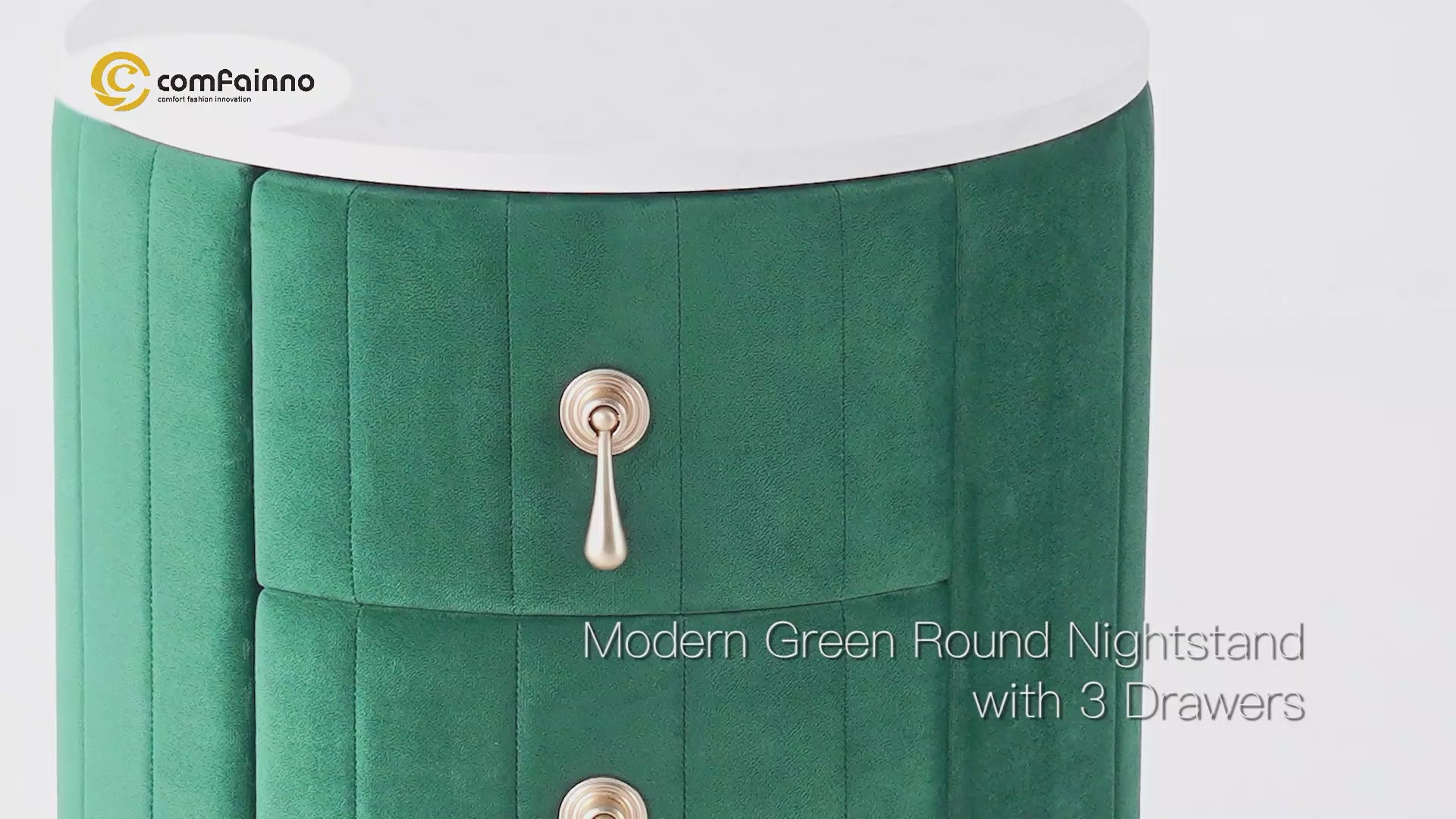 Modern Velvet Nightstand with Storage Sintered Stone Top Round Nightstand with 3 Drawers Green