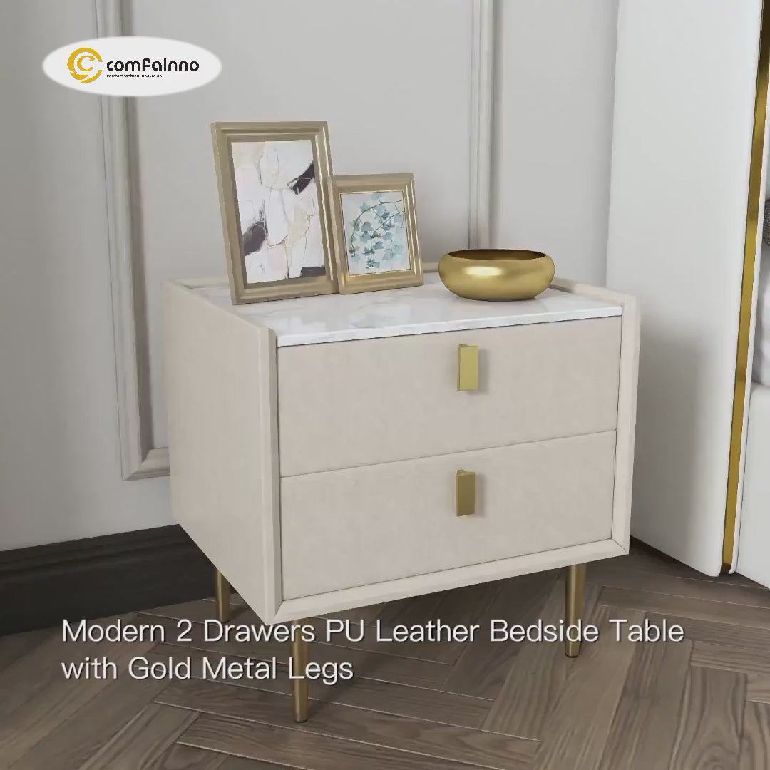 Modern Nightstand with 2 Drawers PU Leather Nightstand with Glod Legs White