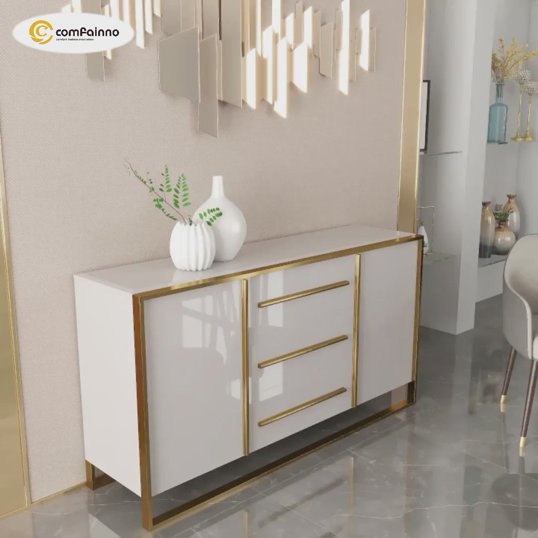 Cylina Glossy Buffet & Sideboard with 3 Drawers & 2 Doors White