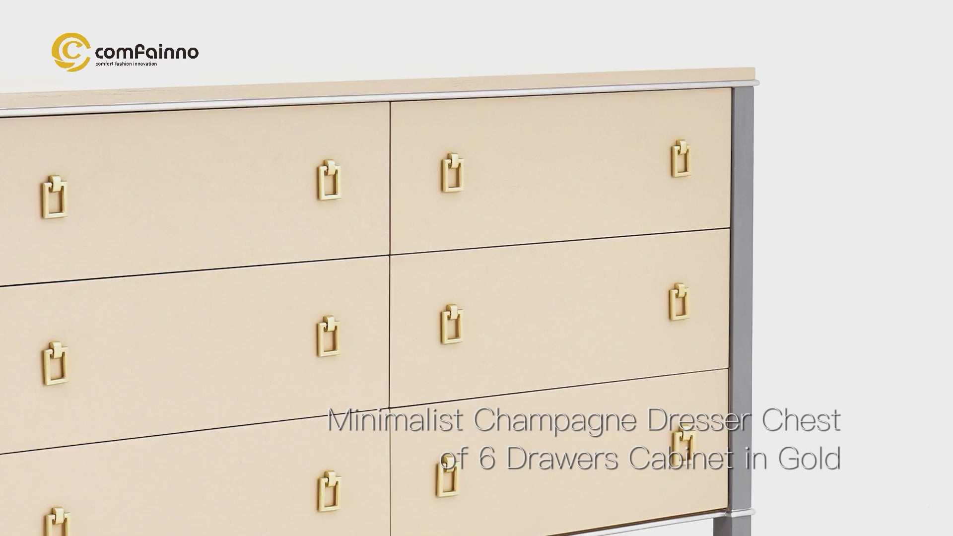 Solid Wood Dresser with Brass Accents – 6 Drawer Bedside Cabinet Champagne