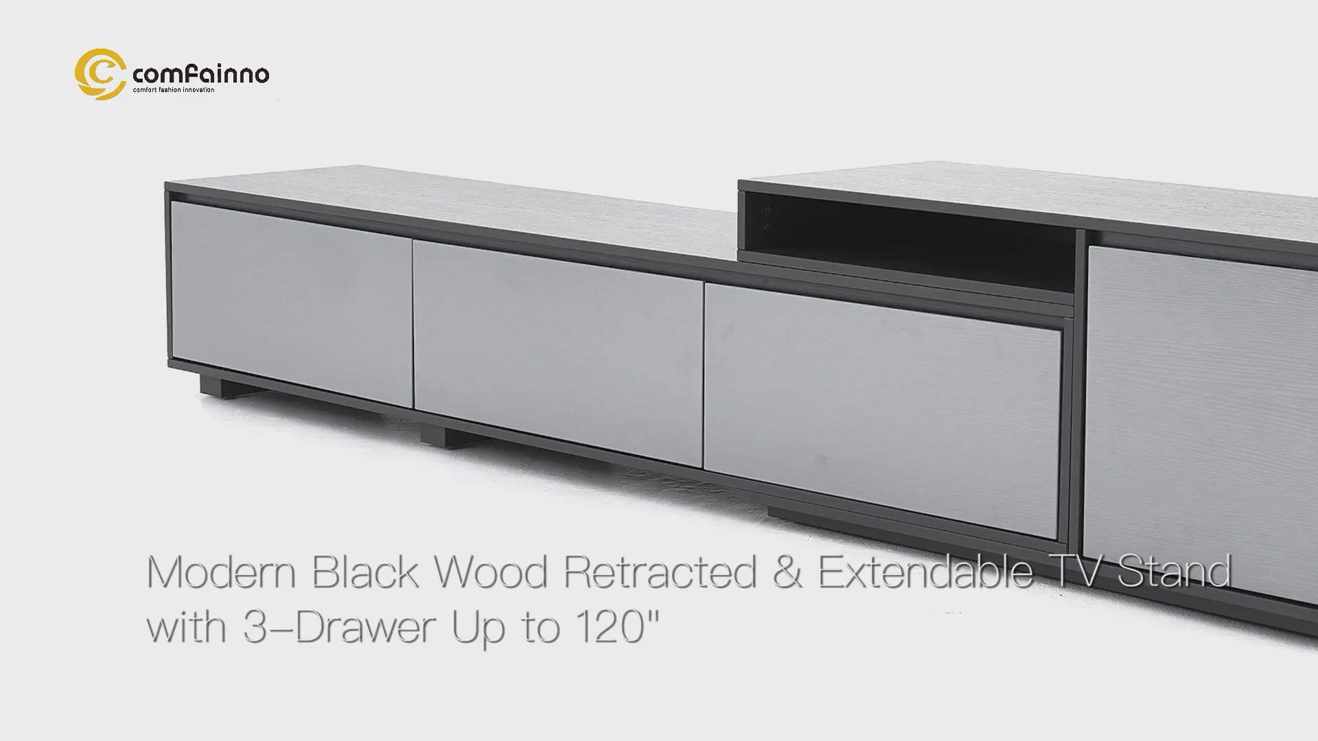 Modern Black Wood Retracted & Extendable TV Stand with 3-Drawer Dark Gray & Light Gray