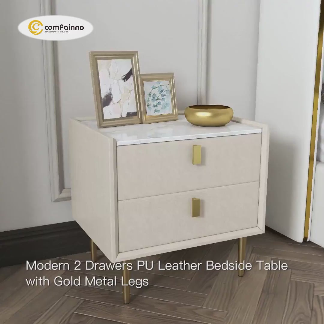 Modern Nightstand with 2 Drawers PU Leather Nightstand with Glod Legs Light Gray