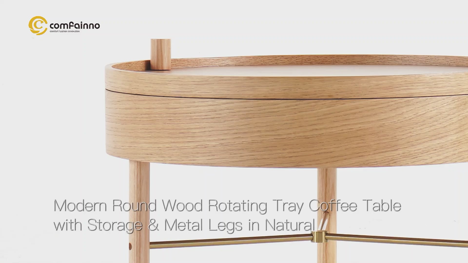 Modern Round Wood Rotating Tray Coffee Table with Storage & Metal Legs Natural