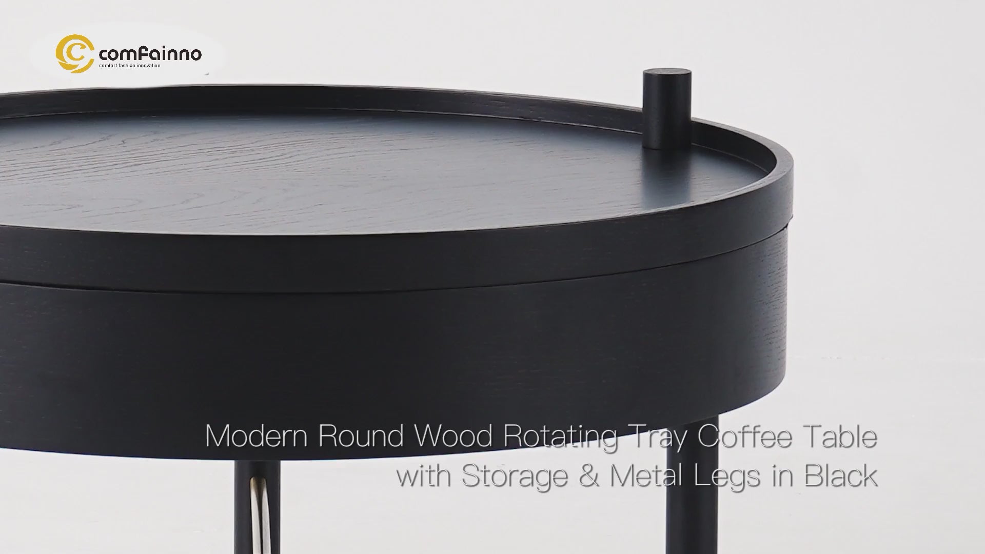 Modern Round Wood Rotating Tray Coffee Table with Storage & Metal Legs Black