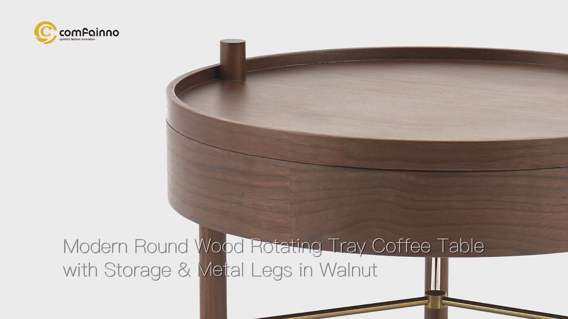 Modern Round Wood Rotating Tray Coffee Table with Storage & Metal Legs Walnut