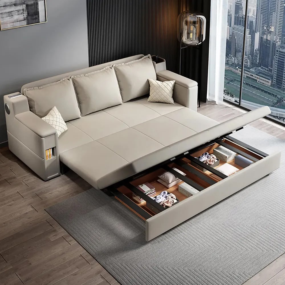 Convertible Bed Full Living Room Sleeper Sofa Leath-aire Upholstered Storage with Speaker Beige