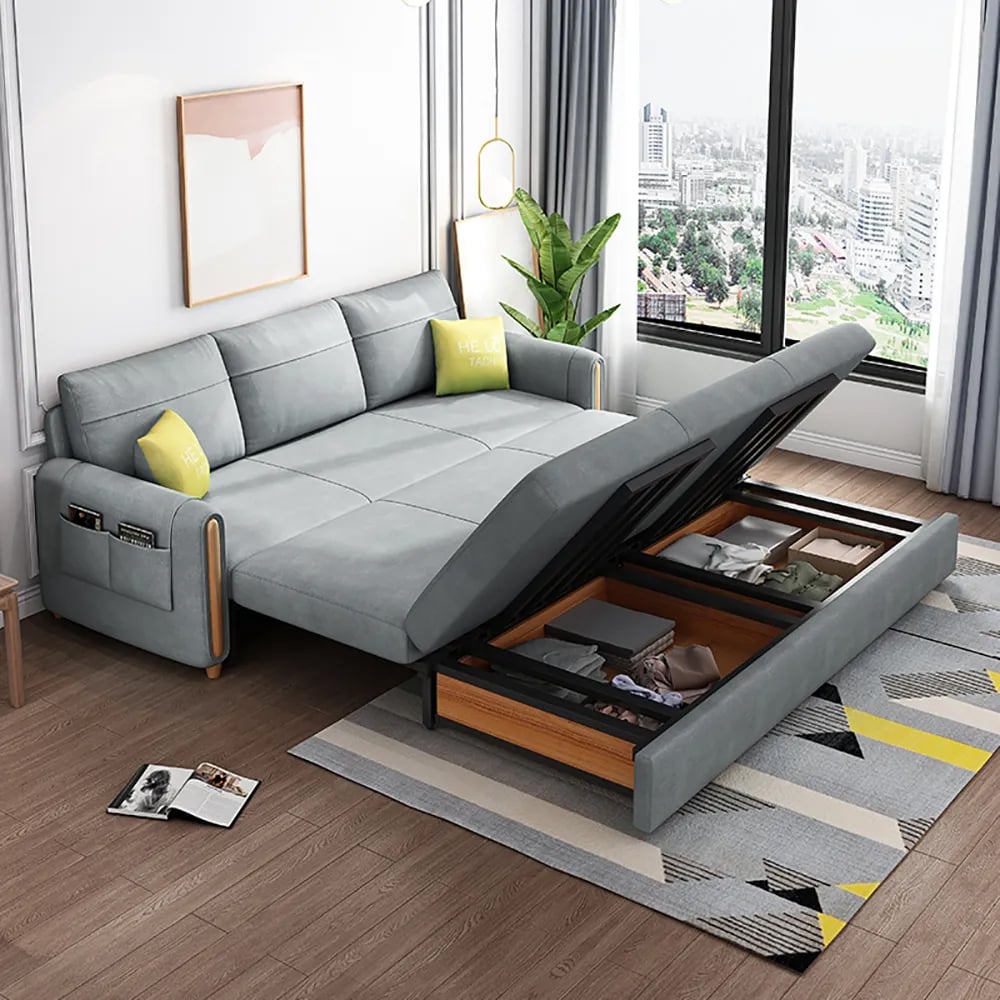 Arm Full Sleeper Sofa Bed with Storage & Side Pockets Light Gray